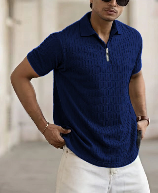 Men's Short-Sleeve Polo Shirt – Breathable Jacquard Knit with Zip Placket for Casual Style