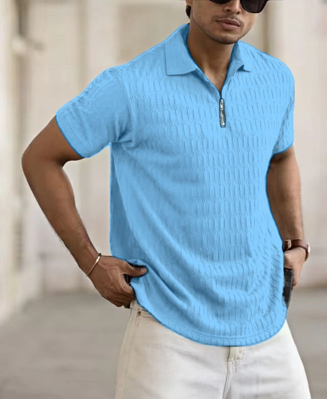 Men's Short-Sleeve Polo Shirt – Breathable Jacquard Knit with Zip Placket for Casual Style