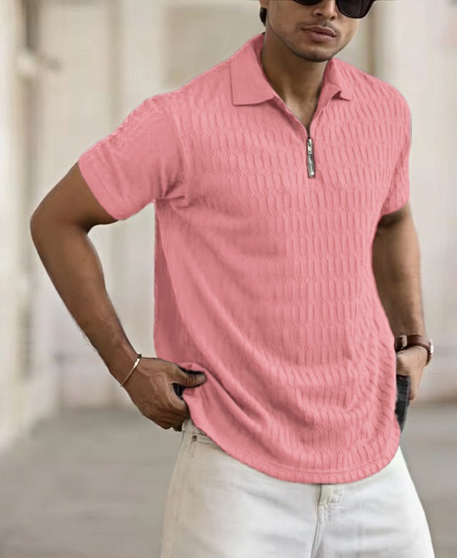 Men's Short-Sleeve Polo Shirt – Breathable Jacquard Knit with Zip Placket for Casual Style