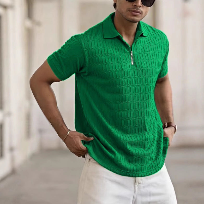 Men's Short-Sleeve Polo Shirt – Breathable Jacquard Knit with Zip Placket for Casual Style