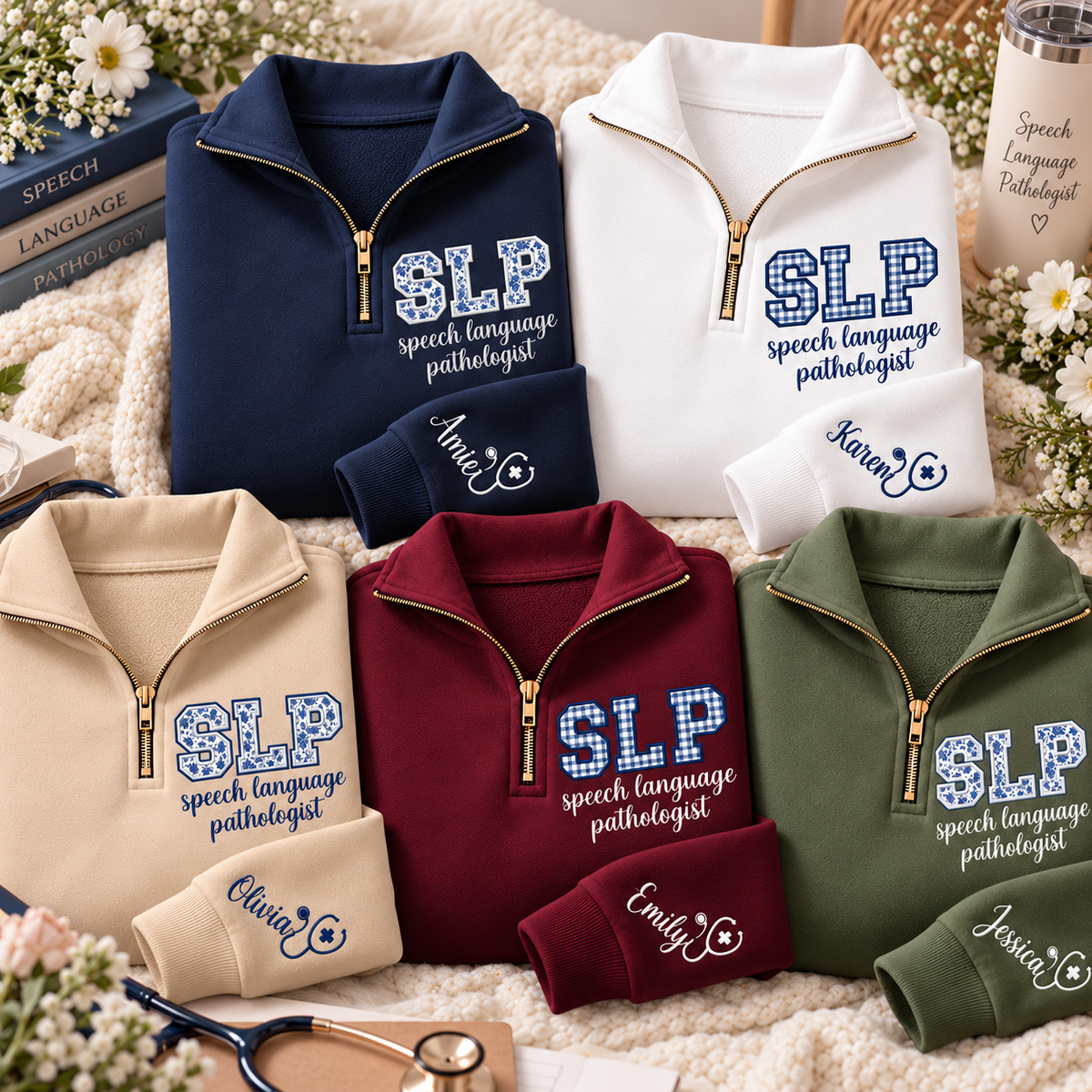 Custom SLP Quarter Zip Sweatshirt – Personalized Speech Language Pathologist Pullover with Name