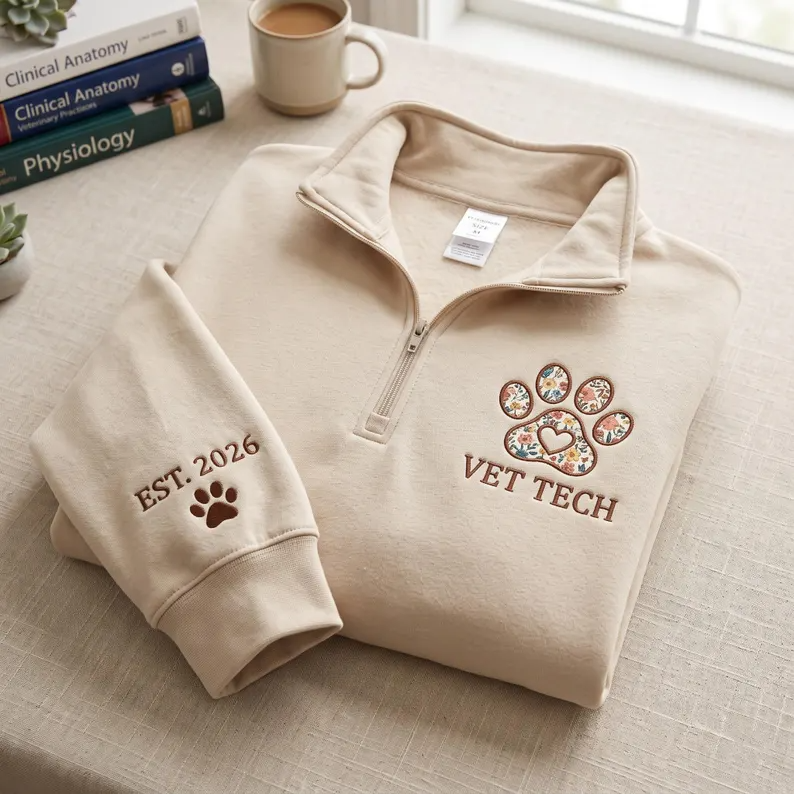 Custom Vet Tech Quarter Zip Sweatshirt – Personalized Veterinary Technician Pullover with Est. Year