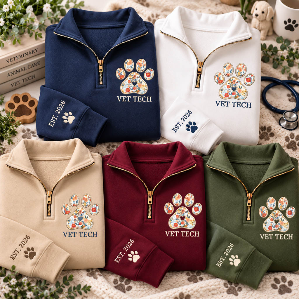 Custom Vet Tech Quarter Zip Sweatshirt – Personalized Veterinary Technician Pullover with Est. Year