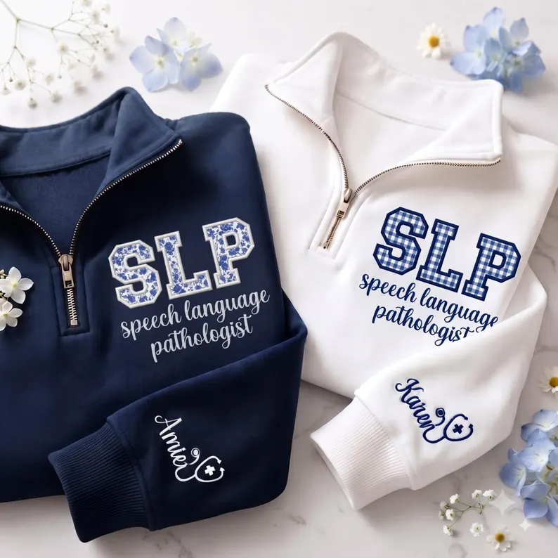 Custom SLP Quarter Zip Sweatshirt – Personalized Speech Language Pathologist Pullover with Name