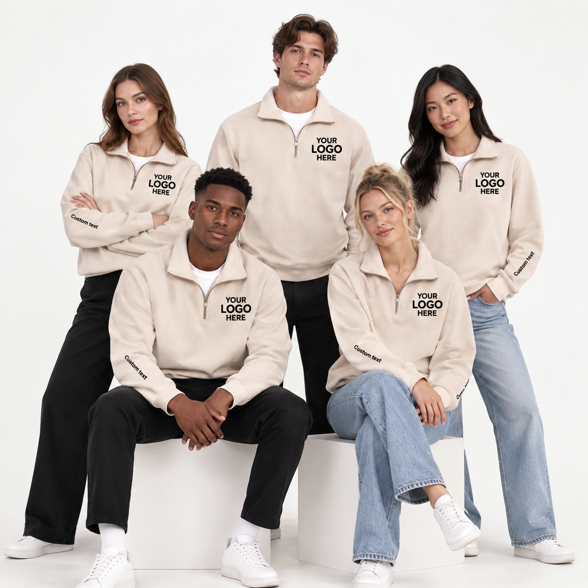Custom Logo Quarter Zip Sweatshirt – Personalized Company & Employee Team Pullover – Sand
