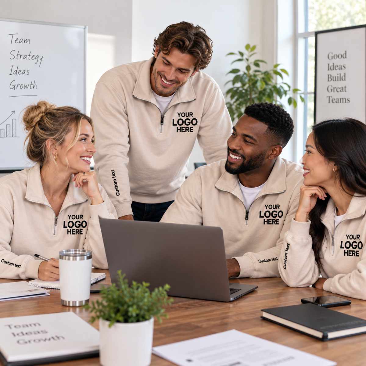 Custom Logo Quarter Zip Sweatshirt – Personalized Company & Employee Team Pullover – Sand