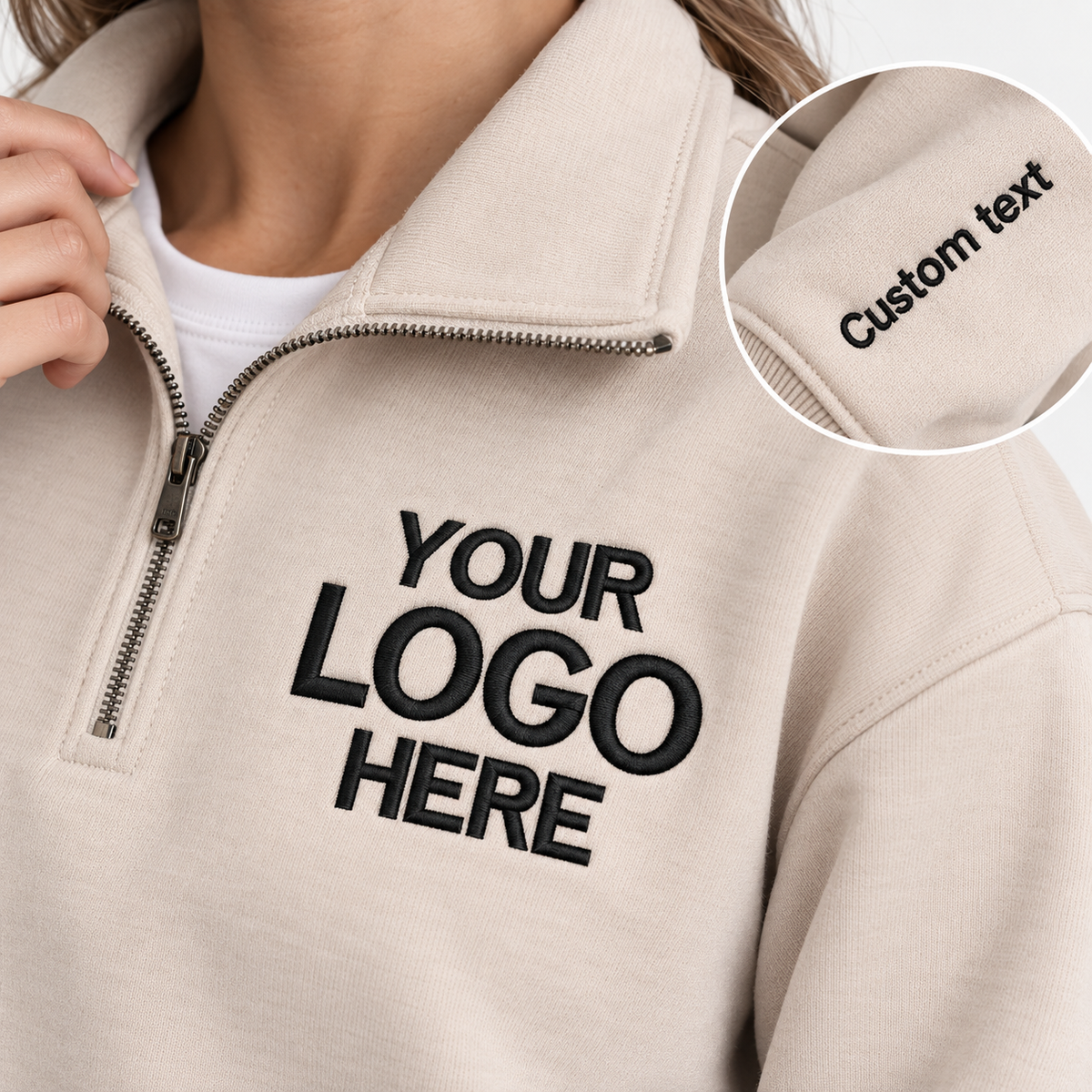 Custom Logo Quarter Zip Sweatshirt – Personalized Company & Employee Team Pullover – Sand