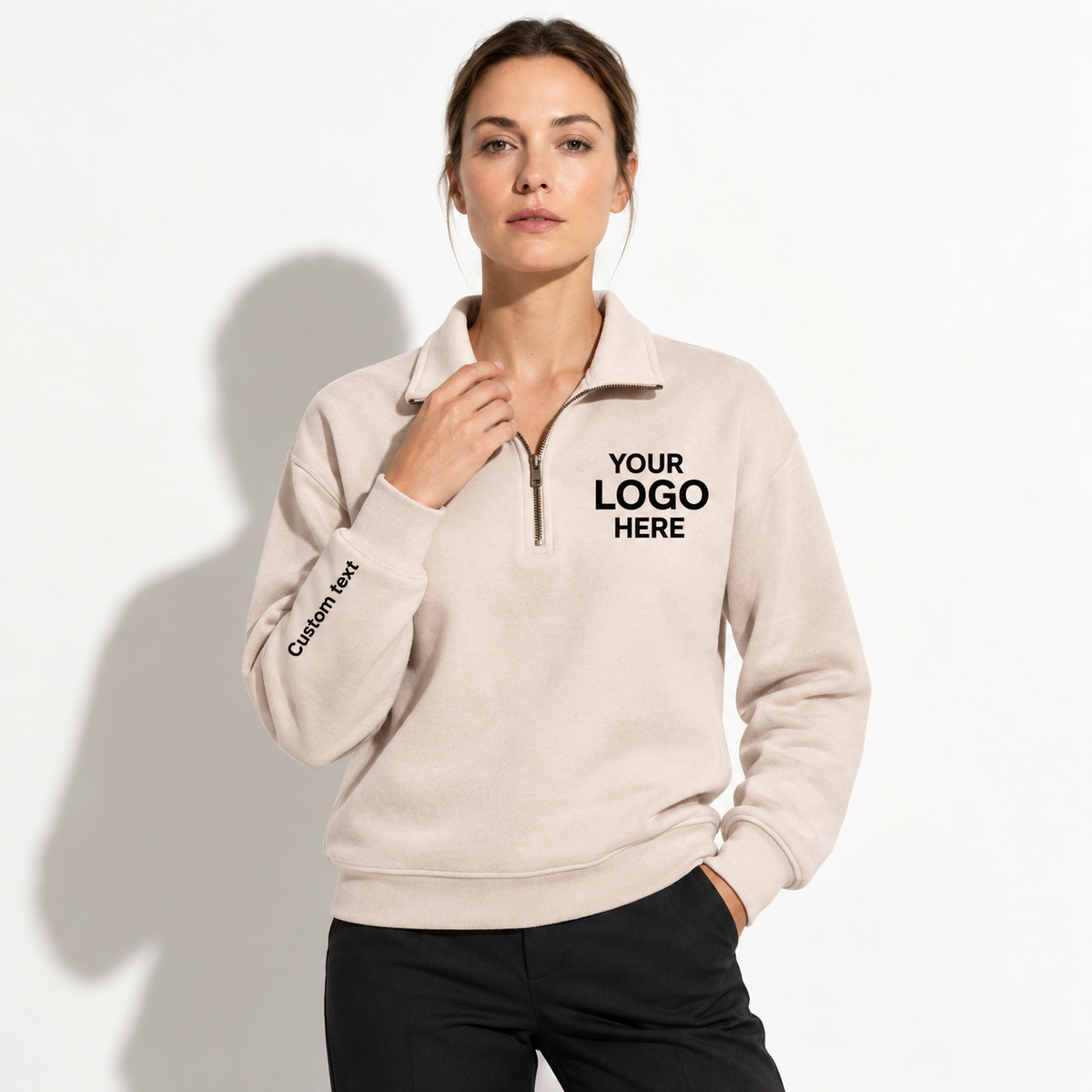 Custom Logo Quarter Zip Sweatshirt – Personalized Company & Employee Team Pullover – Sand