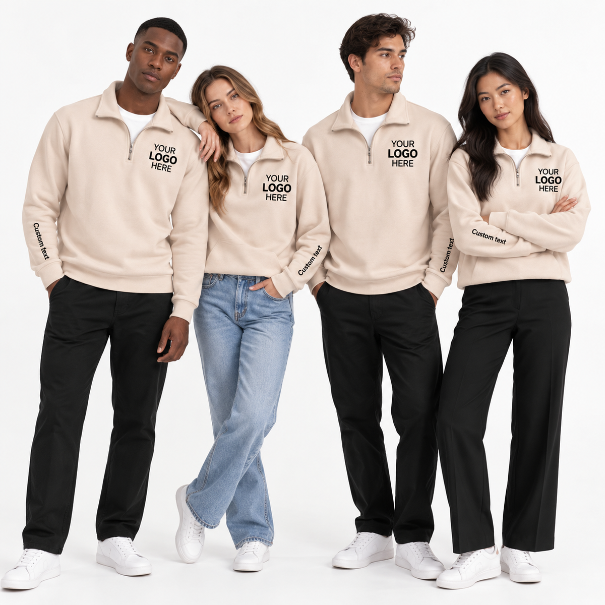 Custom Logo Quarter Zip Sweatshirt – Personalized Company & Employee Team Pullover – Sand